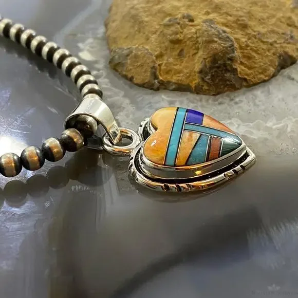 Native American Sterling Silver Heart Shape Multi Stone Inlay Pendant For Women - Picture 3 of 10
